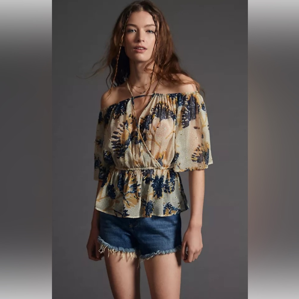 Anthropologie Floral Off-Shoulder Blouse - Blue and Cream